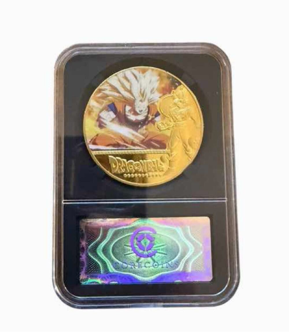 Dragon Ball Goku Gold Tone Embossed Metal Commemorative Coin Display Case
